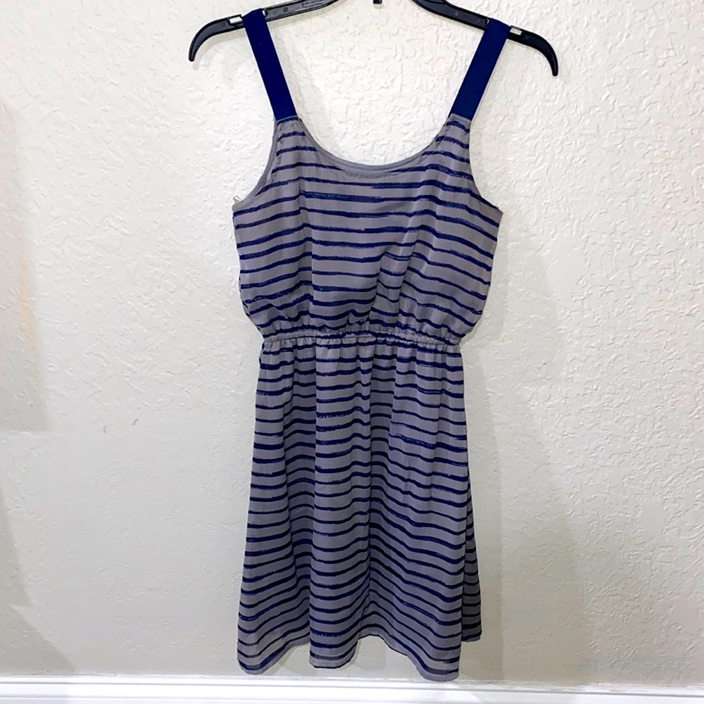 Blue and gray striped dress